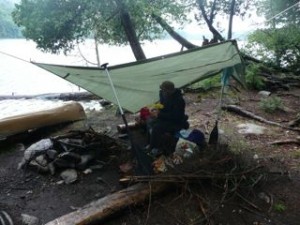 Tarp in front of lake