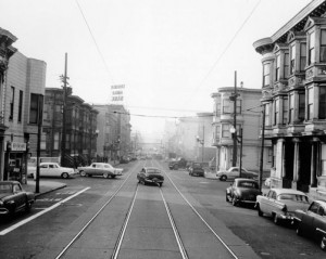 Geary & Webster before the Blvd. 1958 narrow street with tracks